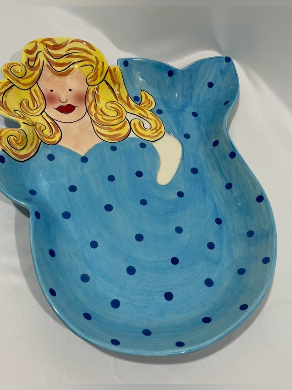 BECCA Blue Polka Dot Mermaid Dish with Yellow Hair